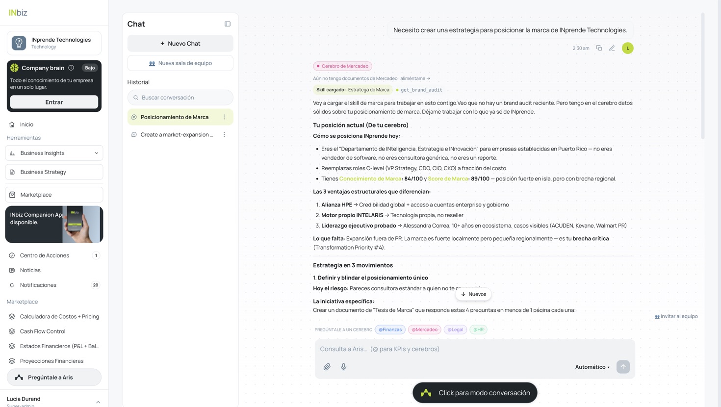 Ask Aris (plataforma INbiz) — vista del producto